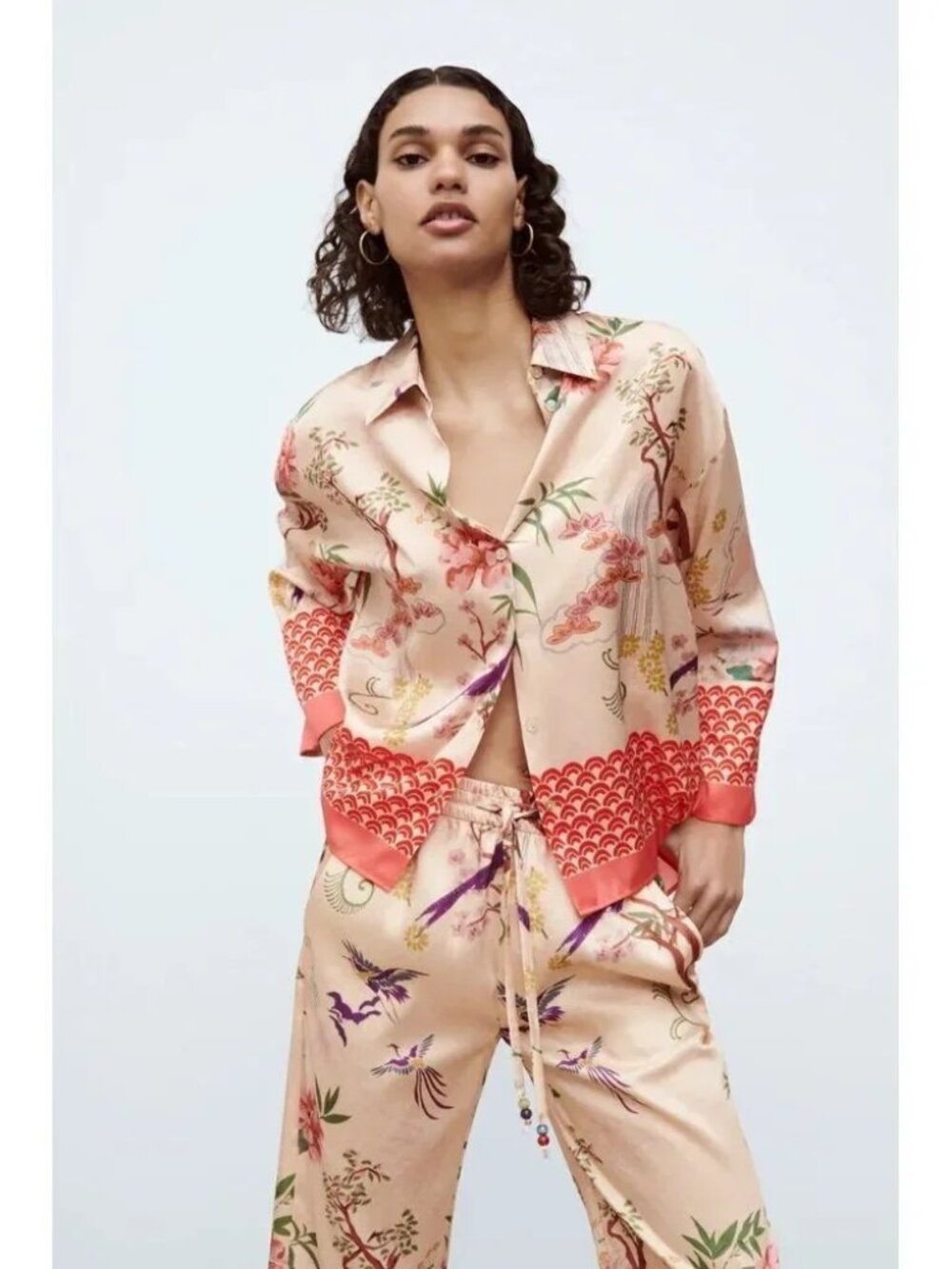 Silk-Feel Peach Floral Print Button-Up Top